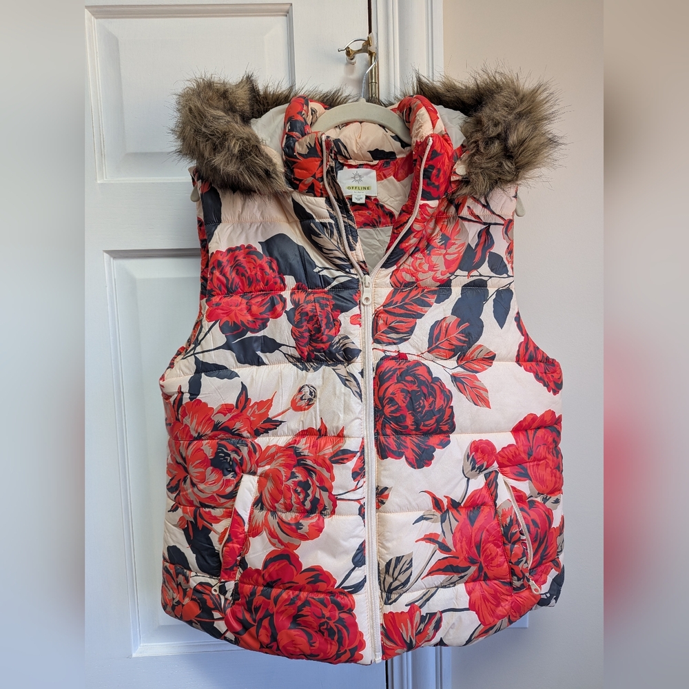Apt. 9 Floral Puffer Vest with Faux Fur Hood